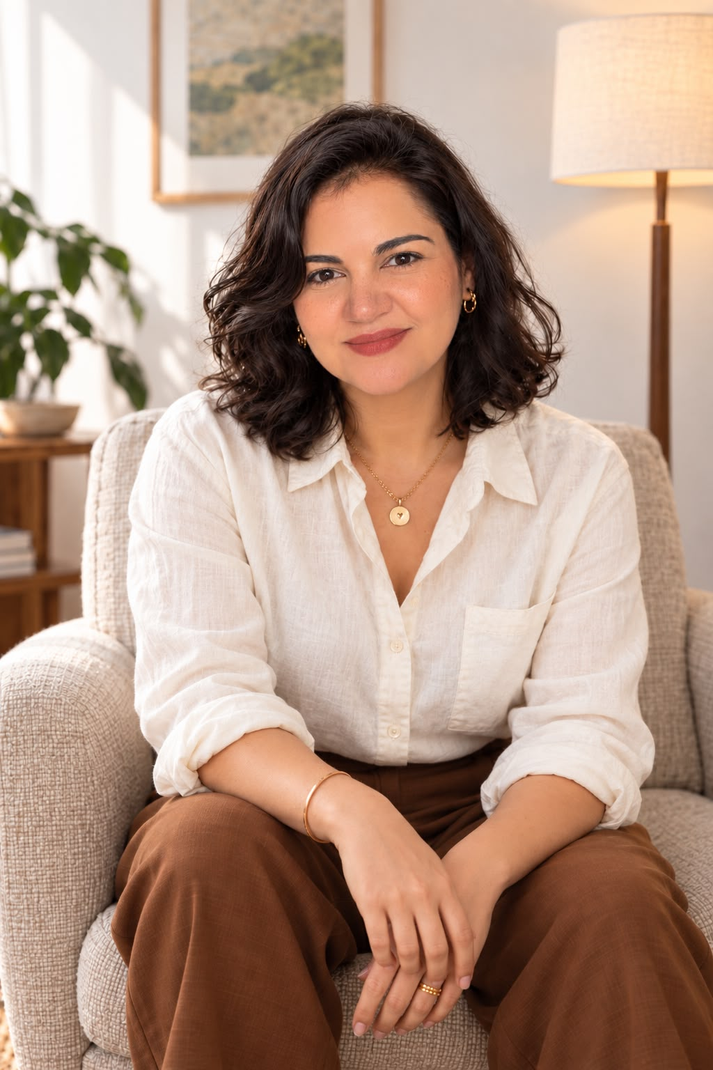 Roberta sentada em uma poltrona clara, em sala iluminada com luz natural
